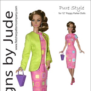 Op de afbeelding: Een naaipatroon voor een 30,5 cm Poppy Parker pop. Het patroon bevat een groen jasje en een roze en groene jurk met een geometrisch patroon. Het patroon is ontworpen door Tamara Casey en is verkrijgbaar voor $ 12,95.