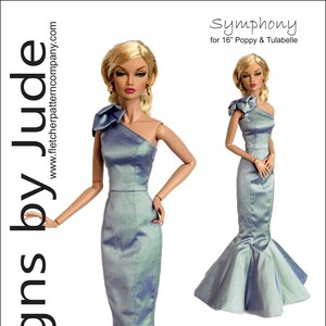 May include: A sewing pattern for a blue mermaid-style gown for a 16-inch doll. The pattern is called "Symphony" and is designed by Tamara Casey. The pattern is available for purchase for $12.95.