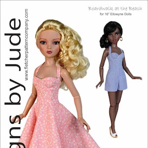Puede incluir: Se muestran dos muñecas de moda, una con un vestido floral rosa y la otra con un mono de cuadros azules. El vestido tiene un escote corazón y una falda acampanada. El mono tiene un top halter. El texto "Boardwalk at the Beach" es visible.
