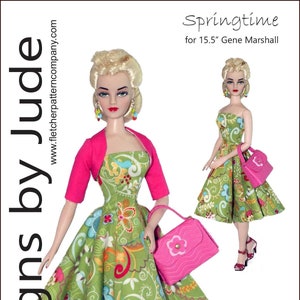 May include: A green and floral print dress with a pink bolero jacket and matching handbag. The dress is designed for a 15.5 inch Gene Marshall doll. The pattern is called "Springtime" and is designed by Tamara Casey.