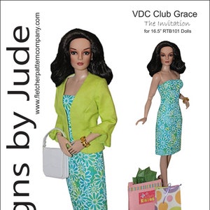 May include: A green and white dress with a matching green jacket and a white handbag. The doll is holding shopping bags with the words "Lots of Kisses" on one of the bags. The text "VDC Club Grace The Invitation for 16.5" RTB101 Dolls" is at the top of the image. The text "Designed by Tamara Casey" is at the bottom of the image.