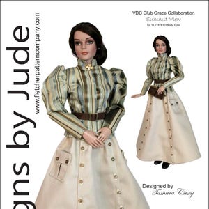 May include: A doll wearing a vintage-style outfit. The ensemble includes a striped top, a long skirt with button details, and a brown belt. The image also shows a smaller version of the doll in the same outfit. The text "Designs by Jude" is visible.