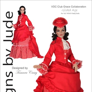 May include: A red doll in a Gilded Age dress with white pinstripes and ruffles. The doll has black hair and a matching hat. The text "Designs by Jude" and "Designed by Tamara Casey" are visible on the image.