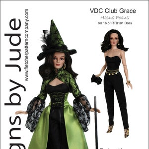 May include: A green and black witch costume for a 16.5 inch doll. The costume includes a green dress with black lace trim, a black hat with a green brim, and a black broom. The doll is holding a black cauldron with a light inside. The text on the image reads "VDC Club Grace Hocus Pocus for 16.5" RTB101 Dolls" and "Designed by Tamara Casey".