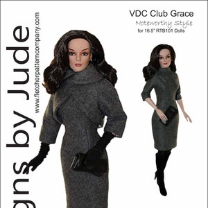 May include: A grey dress and jacket set with a black purse and boots. The outfit is designed for 16.5 inch dolls. The text "VDC Club Grace Noteworthy Style for 16.5" RTB101 Dolls" is printed at the top of the image. The text "Designed by Tamara Casey" is printed at the bottom of the image. A barcode is printed below the designer's name.