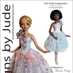 May include: A sewing pattern for a blue and pink ball gown for a 16-inch doll. The pattern is designed by Tamara Casey and is for use with Ellowyne Wilde dolls. The pattern is titled "VDC Wilde Collaboration Statement Piece".