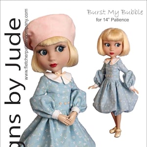 May include: A sewing pattern for a blue and white floral dress with puffed sleeves and a white collar. The pattern is designed for a 14-inch doll and is called "Burst My Bubble".