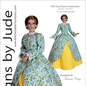 May include: A doll wearing a light blue floral print dress with a yellow underskirt. The dress has long sleeves and white lace trim. The image includes text that reads "Designs by Jude" and "Secret Garden".