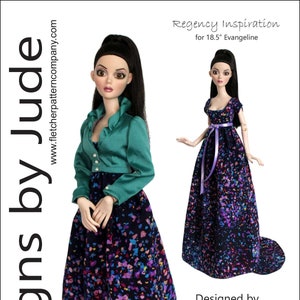 May include: Regency Inspiration doll dress pattern for 18.5 inch Evangeline dolls. The pattern features a black dress with a colorful floral print and a green jacket. The pattern is designed by Tamara Casey.