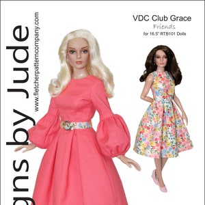 May include: A pink dress with puffed sleeves and a white belt for a 16.5 inch doll. The dress is designed by Tamara Casey and is part of the VDC Club Grace Friends collection.