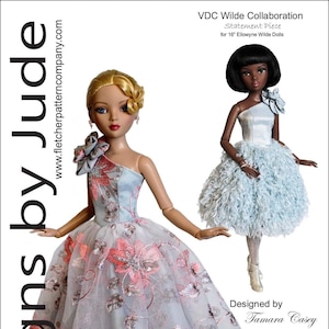 Puede incluir: Un patrón de costura para un vestido de bola azul y rosa para una muñeca de 40,6 cm. El patrón se llama "VDC Wilde Collaboration Statement Piece" y está diseñado por Tamara Casey. El patrón está disponible por 12,95 €.