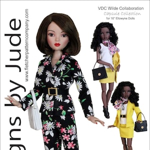 May include: A set of three doll clothing patterns for 16-inch dolls. The patterns feature a floral print pantsuit, a yellow skirt and top, and a yellow blazer with a white top and skirt. The patterns are designed by Tamara Casey and are part of the VDC Wilde Collaboration Capsule Collection.