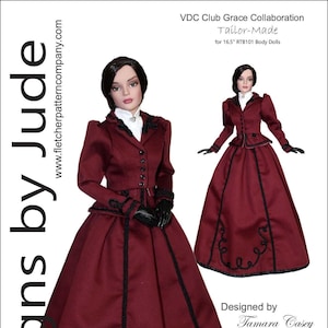 May include: A red and black dress with a black trim and a black jacket. The dress has a long skirt with a decorative trim. The jacket has a high collar and a button closure. The dress is designed for 16.5 inch dolls. "VDC Club Grace Collaboration Tailor-Made for 16.5" RTB101 Body Dolls" is written on the image.