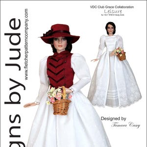 May include: A doll wearing a white dress with a floral basket and a red vest. The image includes the text "Designs by Jude" and "VDC Club Grace Collaboration Leisure for 16.5" RTB101 Body Dolls". The design is by Tamara Casey.