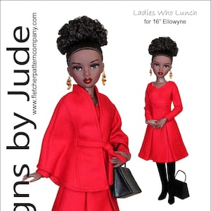 May include: A red dress and matching jacket with a black belt and black boots. The outfit is designed for a 16-inch doll. The text "Ladies Who Lunch for 16" Ellowyne" is at the top of the image. The text "Designed by Tamara Casey" is at the bottom of the image. A barcode and price tag are also visible.