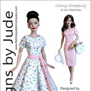 May include: A sewing pattern for a 16.5 inch doll dress. The pattern is called "Going Shopping" and is designed by Tamara Casey. The dress is a white floral print with a pink sash. The pattern is available for £12.95.