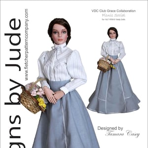 May include: A sewing pattern for a blue and white dress with a white blouse and a basket of flowers. The pattern is for 16.5 inch dolls and is designed by Tamara Casey. The pattern is titled "Picnic Social" and is a collaboration between VDC Club Grace.