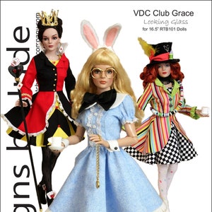 May include: A sewing pattern for three dolls dressed as characters from Alice in Wonderland. The dolls are dressed as the Queen of Hearts, the White Rabbit, and the Mad Hatter. The pattern is for 16.5 inch dolls. The pattern is designed by Tamara Casey.
