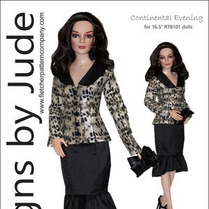 May include: A doll in a black skirt with a ruffled hem and a patterned jacket with a black collar. The jacket has a square pattern in gold and black. The text "Continental Evening" is visible.