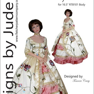 May include: A white and pink ball gown with floral embroidery and gold trim. The gown is designed for a 16.5 inch doll. The pattern is called "Opulent" and is designed by Tamara Casey.