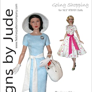 May include: A pattern for a blue and white dress with a white belt and a white straw bag. The pattern is for 16.5 inch RTB101 dolls. The pattern is designed by Tamara Casey and costs $12.95.  "Going Shopping" is written at the top of the pattern.