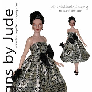 May include: A black and gold strapless dress with a black bow at the waist. The dress is designed for a 16.5 inch doll. The doll is wearing the dress and has black hair and a neutral expression. The dress is on a white background.