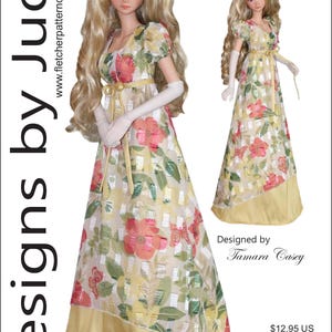 Puede incluir: Una muñeca con un vestido estilo Regencia con un estampado floral en rosa, verde y amarillo. El vestido tiene una faja dorada y un dobladillo a juego. La imagen incluye el texto "Designs by Jude" y "Regency for 60cm Smart Doll".