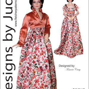 May include: Two dolls in Regency-style dresses. One doll wears a long floral dress with a rust-coloured jacket. The other doll is in a floral dress with short sleeves. Text includes "Designs by Jude" and "Regency Inspiration" for 16.5" dolls.