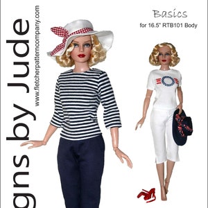 Może przedstawiać: Wzór szycia dla lalki o wysokości 42 cm, w skład którego wchodzi koszula w paski, spodnie i kapelusz. Wzór został zaprojektowany przez Tamarę Casey i jest dostępny za 12,95 $.