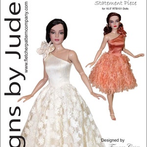 May include: A sewing pattern for a statement piece dress for 16.5 inch dolls. The pattern is designed by Tamara Casey and is available for purchase. The pattern includes a white dress with floral details and a peach dress with a feathered skirt.