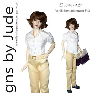 May include: A white blouse with puffed sleeves and a button-up front, paired with beige pants. The outfit is designed for a 45.5 cm doll. The text "Summer for 45.5cm Iplehouse FID" is visible at the top of the image. The price is $12.95 US.