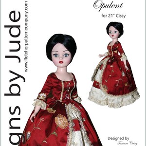 Pode incluir: Um vestido vermelho e branco com guarnições douradas e bordados florais. O vestido é projetado para uma boneca Cissy de 53 cm. O padrão é chamado de "Opulent" e foi projetado por Tamara Casey. O preço é de $ 12,95 US.