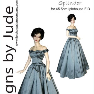 May include: A sewing pattern for a blue off-the-shoulder ball gown for a 18-inch doll. The pattern is called "Splendor" and is for 45.5cm Iplehouse FID dolls. The price is $12.95 US.