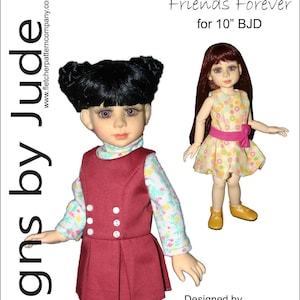 以下が含まれることがあります： 25cm のボールジョイントドール用のドール服のパターンです。パターンには、白い襟の赤いドレスと、ピンクのリボンが付いた黄色の花柄のドレスの2つの衣装が含まれています。パターンはタマラ・ケイシーによってデザインされ、12.95ドルで購入できます。