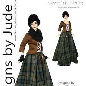 Può includere: Un modello digitale per un abito da bambola Scottish Claire per una bambola di 45,5 cm. L'abito comprende una giacca marrone con chiusura a lacci, una gonna a quadri e un nastro marrone. Il modello è stato progettato da Tamara Casey.
