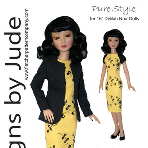 May include: A sewing pattern for a black jacket and yellow dress with black floral embroidery. The pattern is designed for 16-inch Delilah Noir dolls. The pattern is titled "Pure Style" and is designed by Tamara Casey. The price is $12.95 US.
