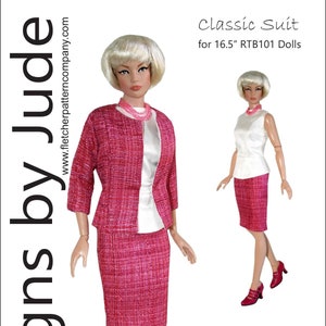 May include: A pink and white classic suit sewing pattern for 16.5 inch dolls. The pattern includes a jacket, skirt, and blouse. The pattern is designed by Tamara Casey and is available for £12.95.
