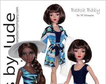May include: Three 16-inch doll outfits for a beach theme. The outfits include a blue swimsuit with a white and blue patterned cover-up, a blue swimsuit with a white towel, and a blue swimsuit with a white and blue patterned sarong.