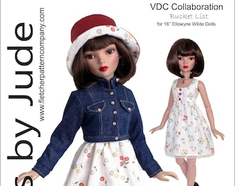 May include: A pattern for a 16-inch doll outfit, featuring a denim jacket, a floral dress, and a red and white hat. The pattern is titled "Bucket List" and is designed by Tamara Casey.