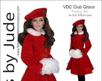 May include: A red coat with a white fur collar and cuffs, a red beret with a green holly sprig, and black boots. The text "VDC Club Grace Frosty Air for 16.5" RTB101 Dolls" is at the top of the image. The text "Designed by Tamara Casey" is at the bottom of the image.
