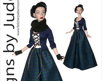 May include: A doll wearing a blue and green plaid skirt with a brown leather belt, a white lace-up bodice, and a black sweater. The doll has brown hair and blue eyes. The doll is wearing black gloves. The doll is standing on a white background. The text "Scottish Claire for 16" Chic Body" is written above the doll. The text "Designed by Tamara Casey" is written below the doll. The text "$12.95 US" is written in the bottom right corner of the image.