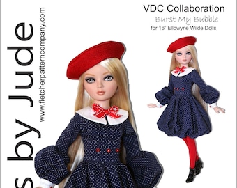 May include: A blue and white polka dot dress with red accents and a white collar. The dress has long sleeves with white cuffs and a red bow. The doll is wearing red tights and black shoes. The dress is designed for 16-inch Ellowyne Wilde dolls. The text "VDC Collaboration Burst My Bubble for 16" Ellowyne Wilde Dolls" is at the top of the image. The text "Designed by Tamara Casey" is at the bottom of the image.