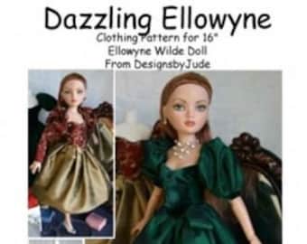 May include: A sewing pattern for a 16-inch doll dress. The pattern includes instructions for a floor-length formal dress with a fitted bodice and sash, a short dress, and detachable full-length or puffy short sleeves. The dress is shown in a dark green color.