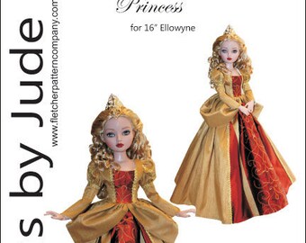 May include: A sewing pattern for a princess dress for a 16-inch doll. The dress is gold and red with a gold trim. The pattern is designed by Tamara Casey.