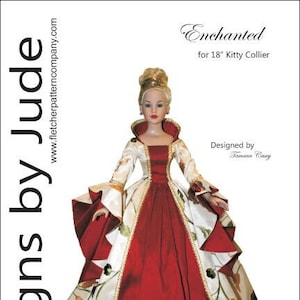 May include: A sewing pattern for an 18-inch doll dress called "Enchanted" designed by Samara Casey. The dress is a white and red gown with gold trim and floral details. The pattern is available for purchase from Designs by Jude.