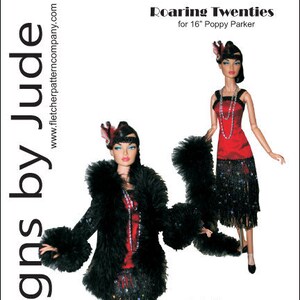 May include: A pattern for a doll's Roaring Twenties outfit. The image shows two dolls wearing flapper-style dresses with black fringe and feather boas. The text "Designs by Jude" and "Roaring Twenties" are visible.