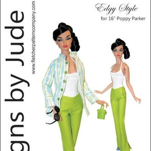 May include: A sewing pattern for a 16-inch doll, featuring a green pantsuit with a white tank top and a blue and white patterned jacket. The pattern is titled "Edgy Style" and is for Poppy Parker dolls. The price is $12.95.