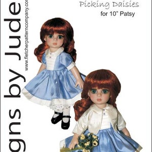 May include: A sewing pattern for a blue and white dress with a white cardigan for a 10-inch doll. The pattern is called "Picking Daisies for 10" Patsy".