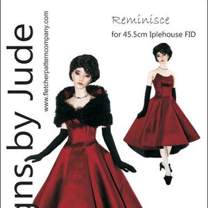 May include: A sewing pattern for a red dress with a black fur collar and gloves. The pattern is for a 45.5 cm doll and is called "Reminisce".
