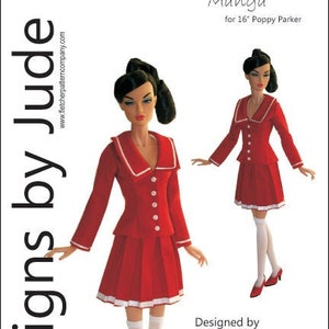 May include: A red and white outfit for a 16-inch Poppy Parker doll. The outfit includes a red jacket with white trim and a red skirt with white trim. The doll is wearing white knee-high socks and red shoes. The pattern is called "Manga" and is designed by Tamara Casey.
